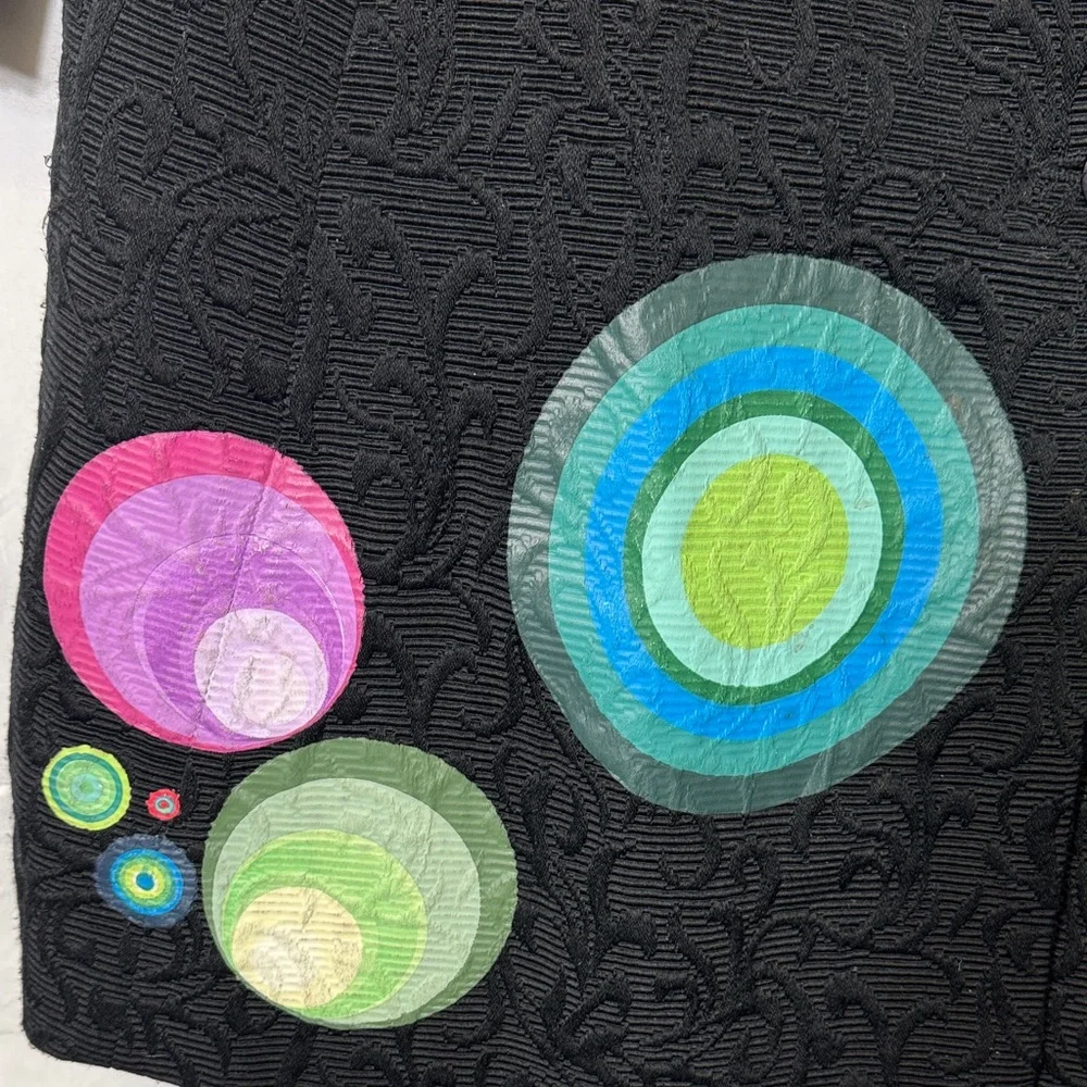 Desigual Black Textured Button Front‎ Coat Size 42 Colorful Circle Embellish